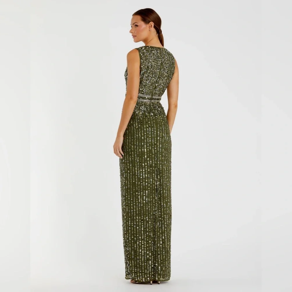 NWT Mac Duggal Size 10 Olive Green Sequined High Neck Sleeveless Column Gown - Picture 3 of 10